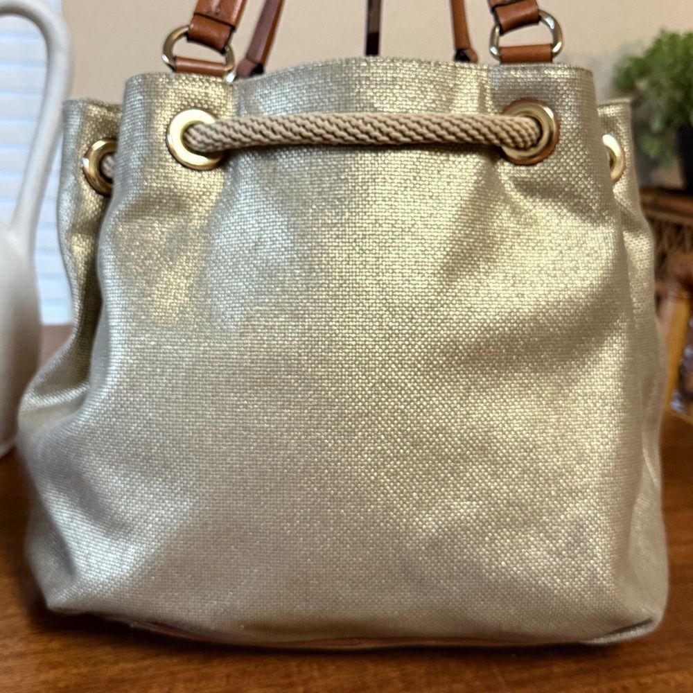 Michael Michael Kors Marina Large Metallic Canvas Tote in Gold and Brown - Picture 5 of 14